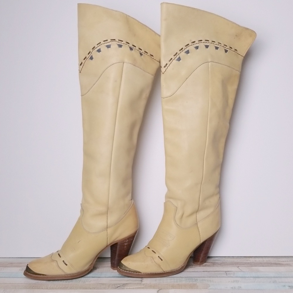 Rare 1969 Zodiac Leather KneeHigh Embroidered Steel Toe Boot Sz 8 wood heel - Picture 2 of 11